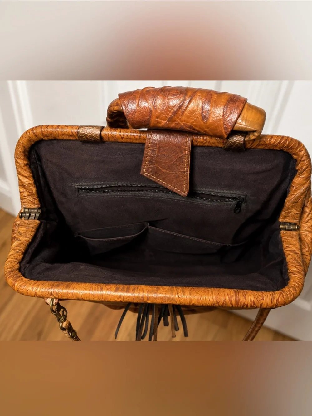 Vintage Brown Patchwork Leather Satchel Bag Tassel Crossbody